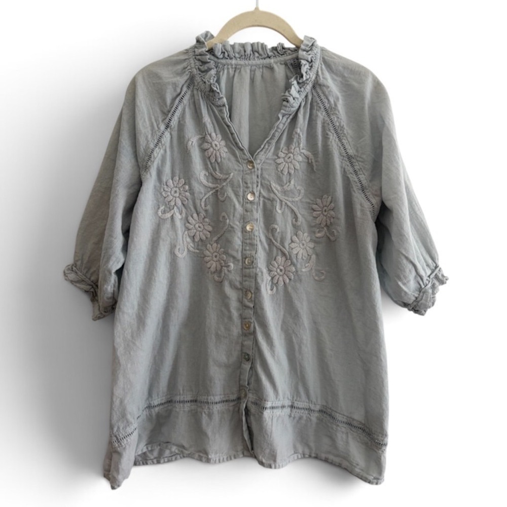 Lightweight Cotton Gauze Top Embroidered Ruffle Blouse Boho Cottage Feminine L